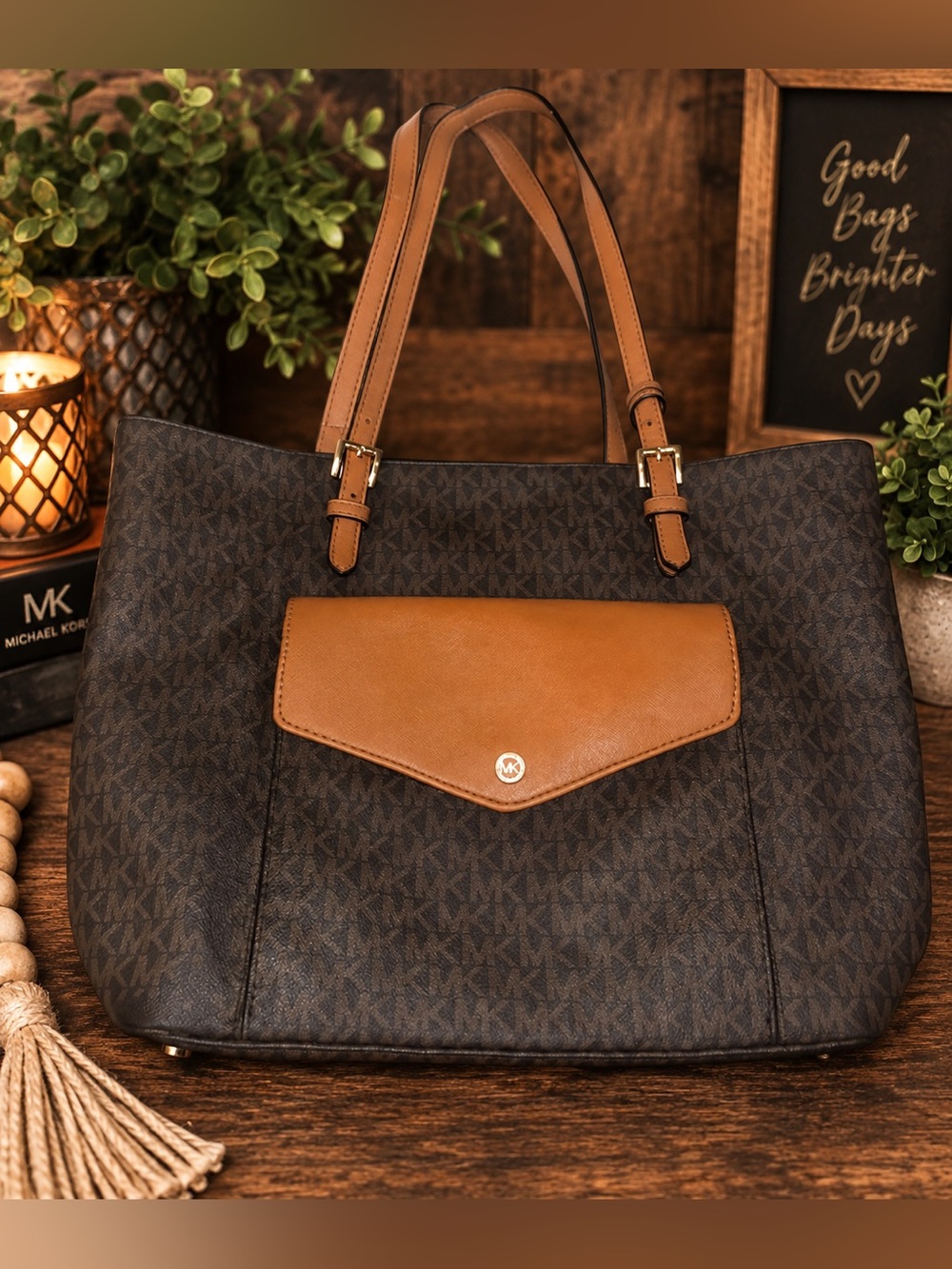 Michael Kors Brown & Tan Monogram Tote Bag